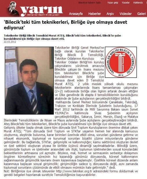  TEKNİKERLER BİRLİĞİ BİLECİK İL TEMSİLCİSİ